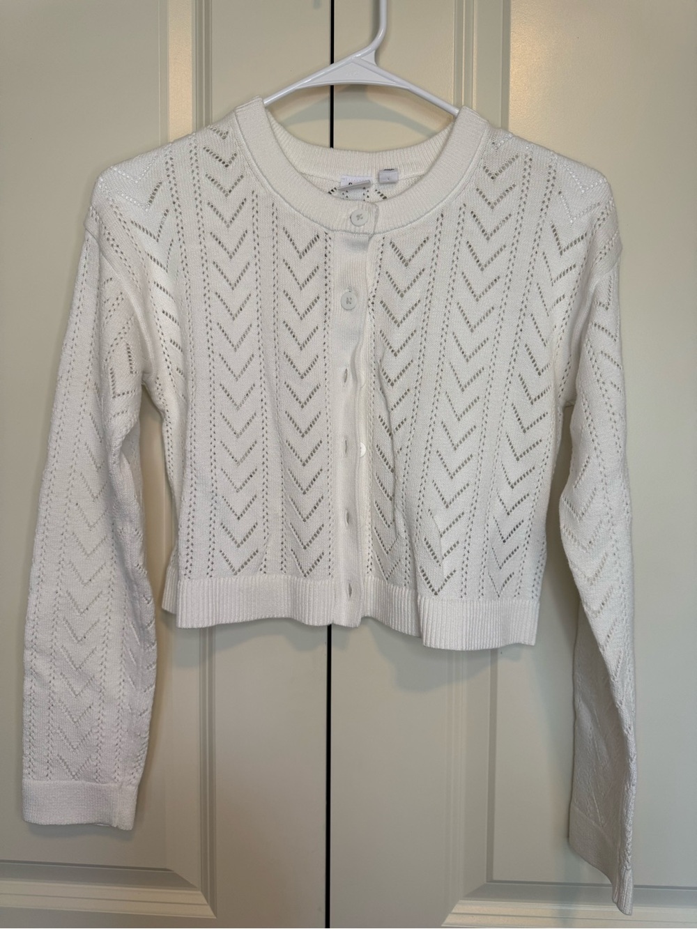 GAP White Pointelle Crewneck Button Cardigan